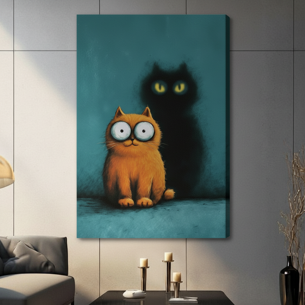 Canvas wrap wall art featuring a cute orange cat with oversized eyes and a glowing-eyed black cat shadow on a teal blue background
