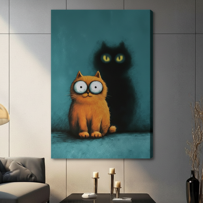 Canvas wrap wall art featuring a cute orange cat with oversized eyes and a glowing-eyed black cat shadow on a teal blue background