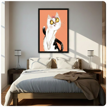 Bedroom wall art of a charming wide-eyed white cat with a pink bow and black tail on a coral background, displayed above a Scandinavian-style bed