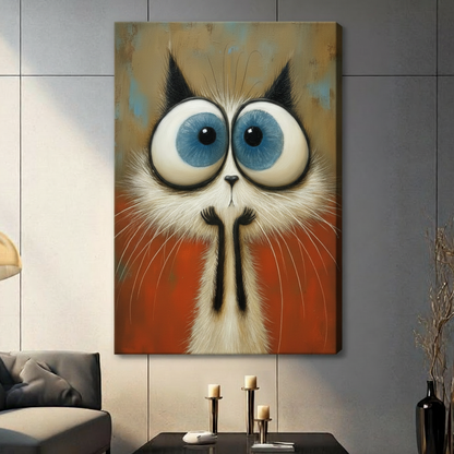 Surrealist close-up oil painting of a Siamese cat with oversized round blue-gray eyes wild white whiskers a black pi-shaped nose mark and fiery orange-red fur filling the lower canvas against a distressed gold and teal background bold cat wall art stretched canvas in a living room with dark gray panel wall dark sofa and black vase