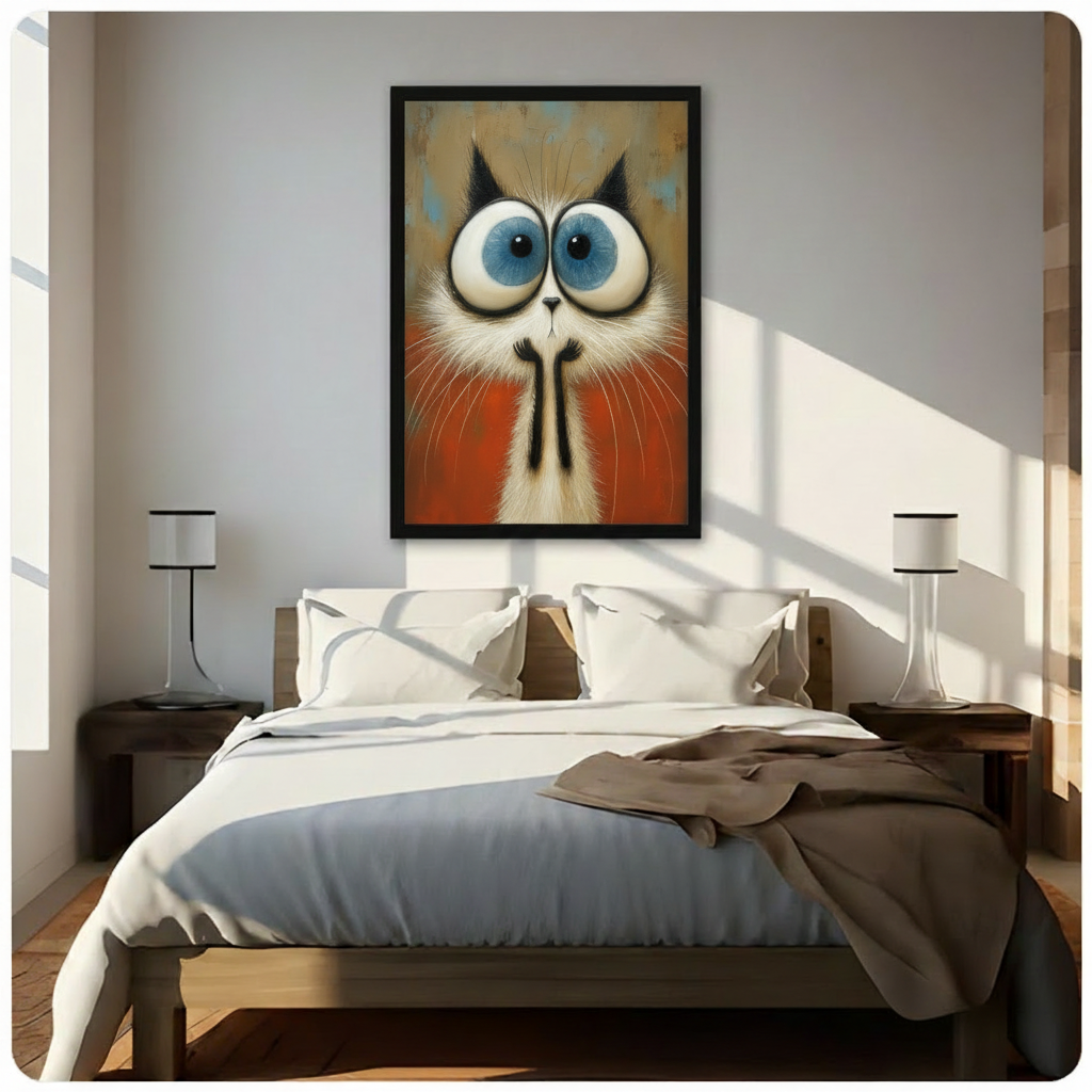 Surrealist oil painting of a wide-eyed Siamese cat with oversized blue-gray eyes long radiating white whiskers black pi-shaped nose mark and fiery orange fur against a distressed gold and teal background bold cat portrait wall art framed print above a bedroom with white linen bedding dark wood bed frame and white table lamps