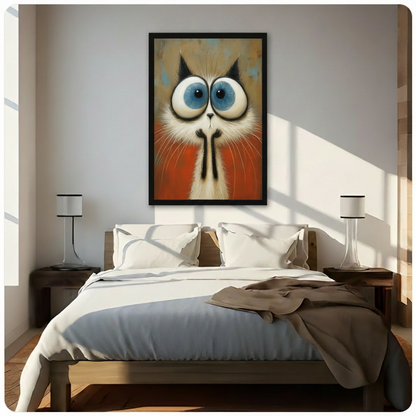 Surrealist oil painting of a wide-eyed Siamese cat with oversized blue-gray eyes long radiating white whiskers black pi-shaped nose mark and fiery orange fur against a distressed gold and teal background bold cat portrait wall art framed print above a bedroom with white linen bedding dark wood bed frame and white table lamps