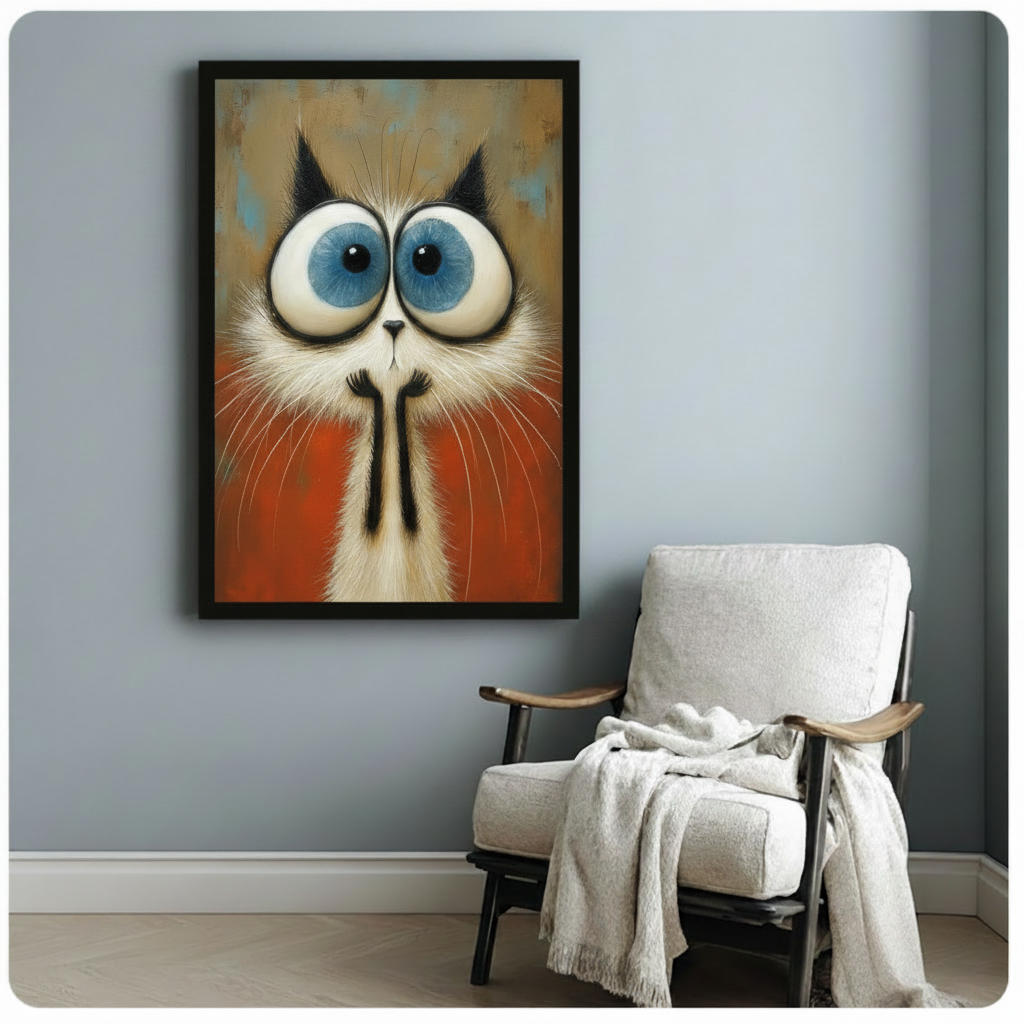 Surrealist oil painting of a wide-eyed Siamese cat with huge blue-gray eyes long radiating white whiskers black nose detail and vivid orange fur against a distressed gold teal background expressive cat portrait wall art framed print beside a white linen armchair on a blue gray wall