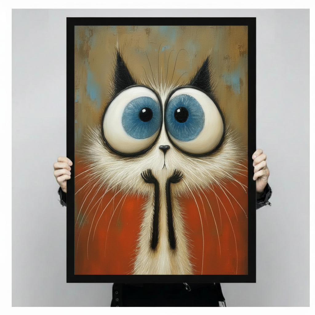 Surrealist close-up oil painting of a Siamese cat with enormous round blue-gray eyes wild white whiskers unique black nose marking and bold orange-red chest fur on a worn gold and teal textured background quirky expressive cat wall art framed print held against a light gray background