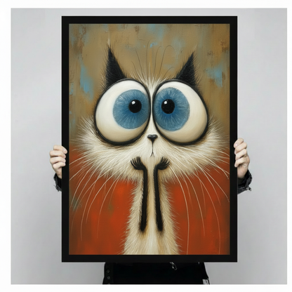 Surrealist close-up oil painting of a Siamese cat with enormous round blue-gray eyes wild white whiskers unique black nose marking and bold orange-red chest fur on a worn gold and teal textured background quirky expressive cat wall art framed print held against a light gray background