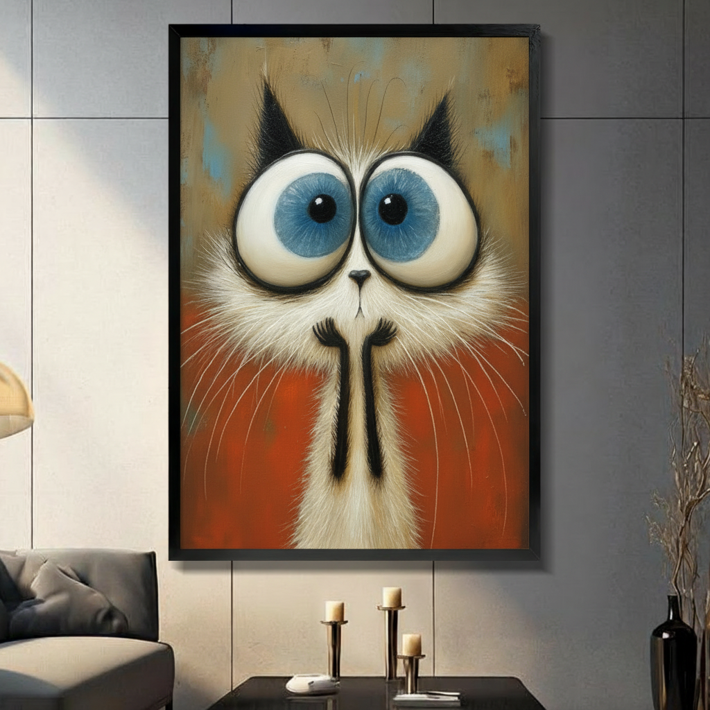 Surrealist oil painting close-up of a wide-eyed Siamese cat with enormous blue-gray eyes long white radiating whiskers distinctive black nose marking and vivid orange-red chest fur against a worn gold and teal textured background quirky cat portrait wall art framed print in a living room with dark gray panel wall dark sofa and black vase
