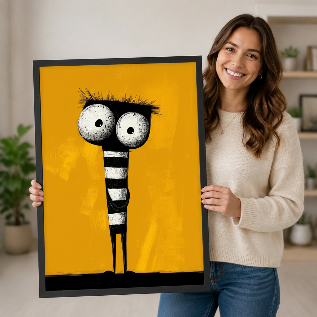 Woman holding a large framed whimsical wall art print showing a tall cartoon monster with oversized eyes and a striped black-and-white body on a bright yellow background, demonstrating print size and premium frame quality
