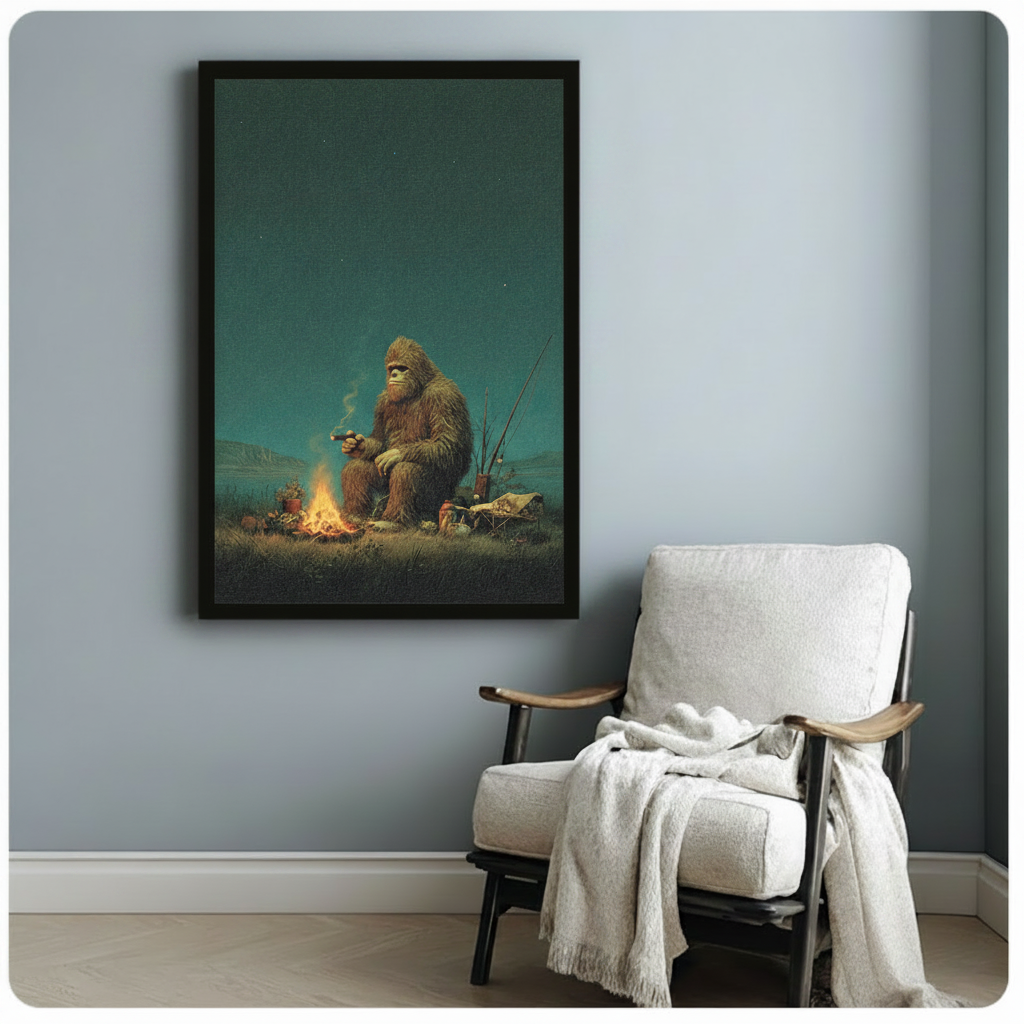Black framed retro realist oil painting Bigfoot sitting alone by campfire with cigar and fishing rods under starry night sky canvas print beside white linen armchair on blue-grey wall - funny Sasquatch camping wall art with glowing amber fire and moody teal sky for reading nook or bedroom decor