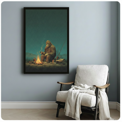 Black framed retro realist oil painting Bigfoot sitting alone by campfire with cigar and fishing rods under starry night sky canvas print beside white linen armchair on blue-grey wall - funny Sasquatch camping wall art with glowing amber fire and moody teal sky for reading nook or bedroom decor