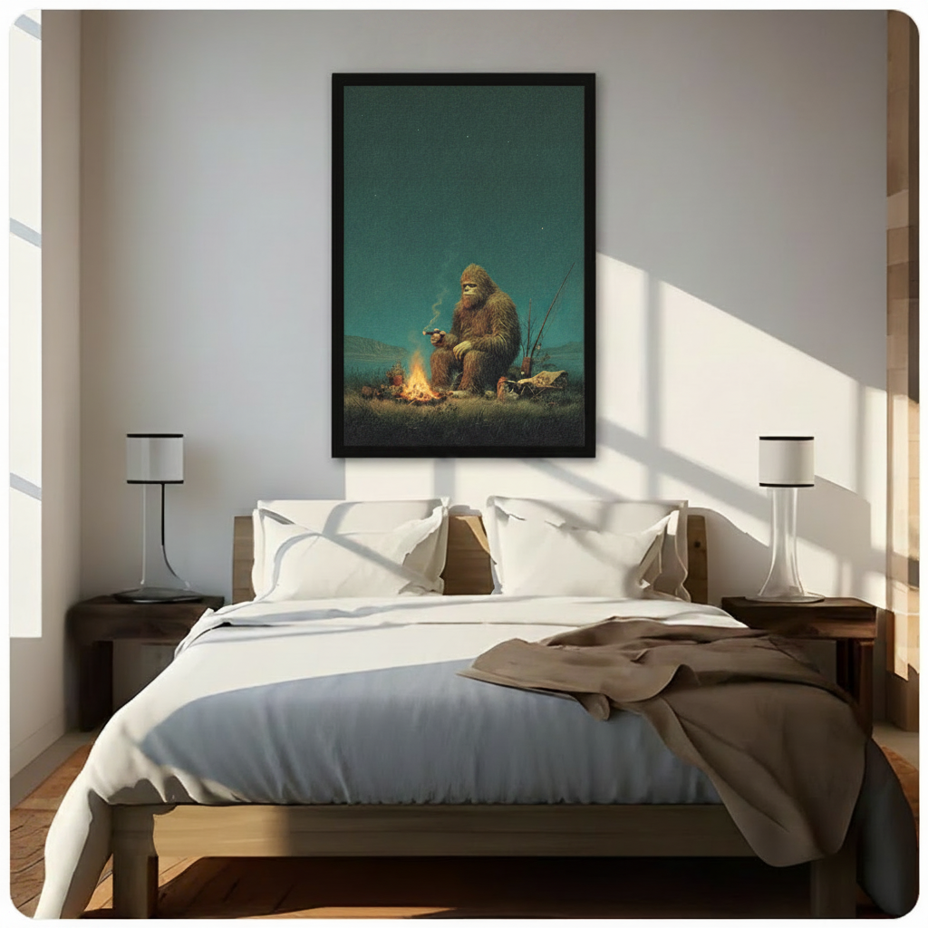 Framed retro realist oil painting Bigfoot sitting alone by campfire with cigar and fishing rods under starry night sky canvas print above wooden bed in sunlit minimalist bedroom - funny Sasquatch camping wall art with glowing amber firelight and deep teal night sky for contemporary bedroom home decor