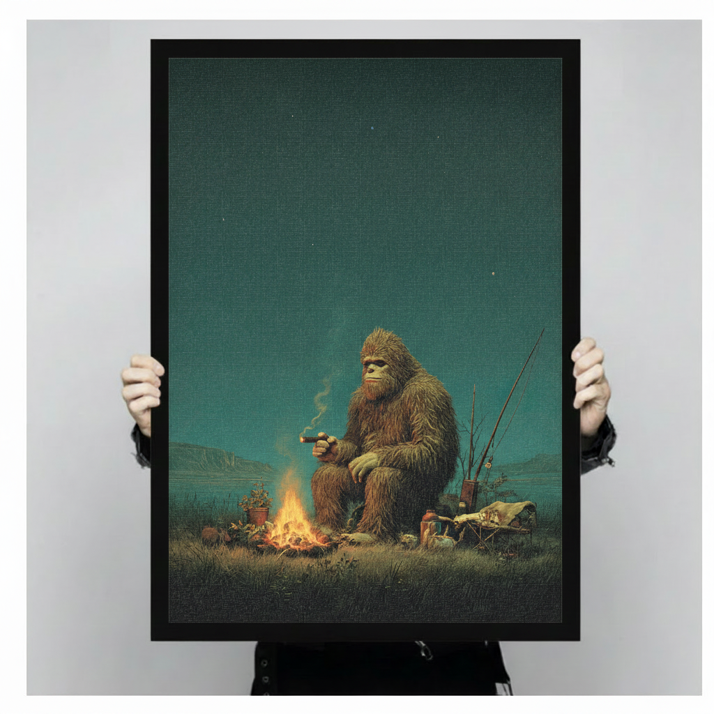 Person holding large framed retro realist oil painting Bigfoot sitting by campfire smoking cigar with fishing rods under starry night sky canvas print with both hands - close up view of humorous Sasquatch camping wall art with warm amber firelight deep teal sky and black frame finish