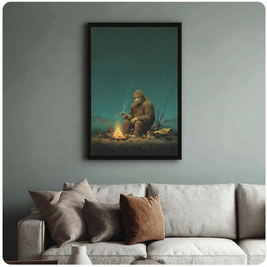 Framed retro realist oil painting Bigfoot sitting by campfire smoking cigar with fishing rods under starry night sky canvas print above cream sofa on sage blue-grey wall - humorous Sasquatch camping wall art with warm amber firelight and deep teal night sky for stylish living room decor