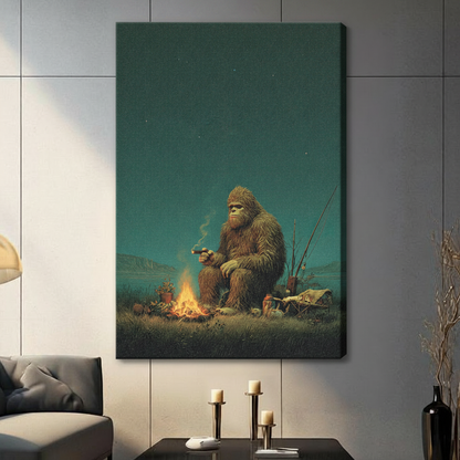 Unframed retro realist oil painting Bigfoot sitting alone by campfire with cigar and fishing rods under starry night sky canvas print on light grey tile wall in contemporary living room - funny Sasquatch camping wall art with glowing amber fire and moody deep teal sky for modern interior decor