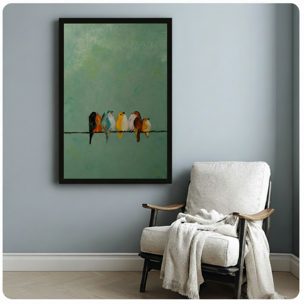 Black framed birds on wire oil painting poster with five vibrant songbirds in orange yellow blue and brown tones hanging on light blue-gray wall beside a cozy linen armchair