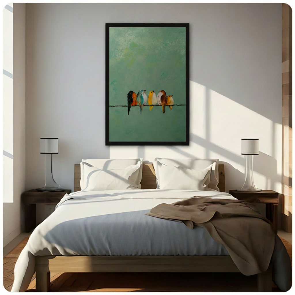 Five colorful birds on wire oil painting in black frame mounted above bed in bright Scandinavian bedroom with warm morning sunlight and white linen bedding
