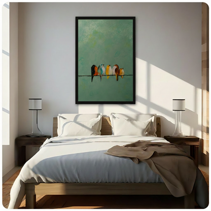 Five colorful birds on wire oil painting in black frame mounted above bed in bright Scandinavian bedroom with warm morning sunlight and white linen bedding