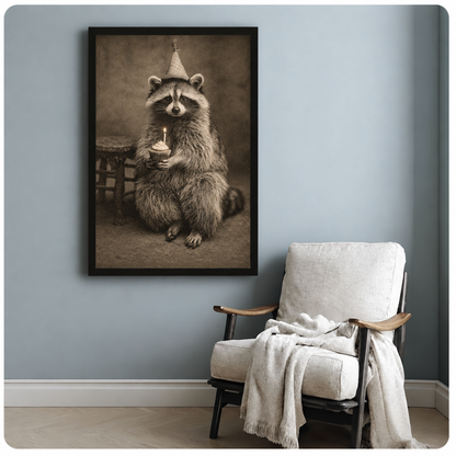 Birthday raccoon canvas wall art beside a white armchair, depicting a seated raccoon wearing a cone-shaped party hat