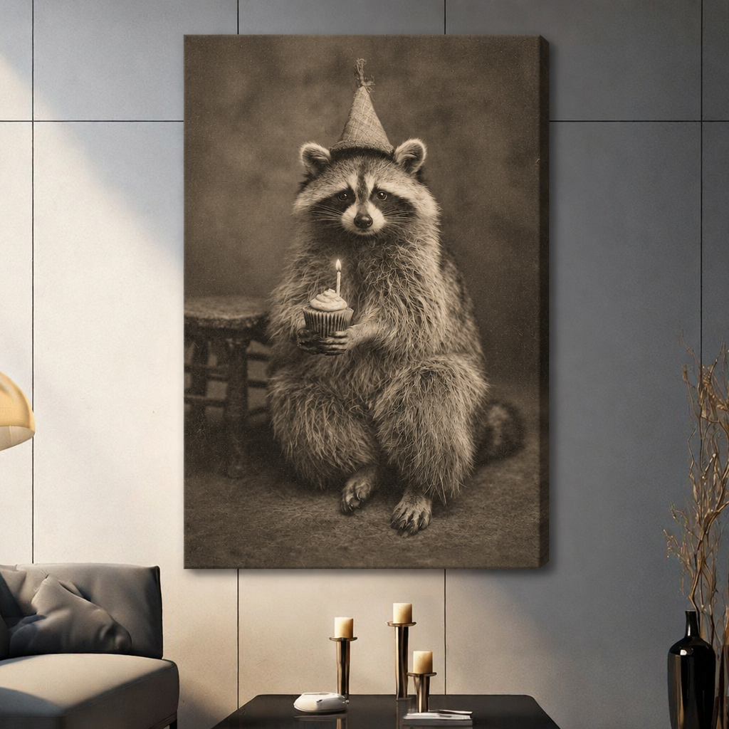 Stretched birthday raccoon canvas wall art on a living room wall, showing a raccoon with a cupcake against a brown backdrop
