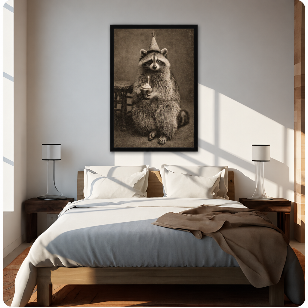 Birthday raccoon canvas wall art above a bed, showing a party-hat raccoon holding a small cupcake in warm neutral tones