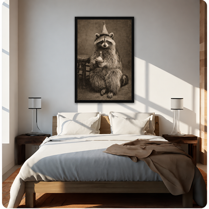 Birthday raccoon canvas wall art above a bed, showing a party-hat raccoon holding a small cupcake in warm neutral tones