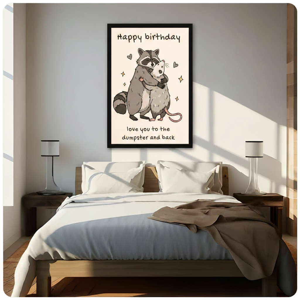 Framed canvas wall art of a cute raccoon and opossum embracing with hearts and a funny birthday quote, whimsical illustrated animal print on warm cream background, displayed above a bed with white linen bedding, taupe throw blanket, dark wood nightstands and white table lamps in a sunlit bedroom