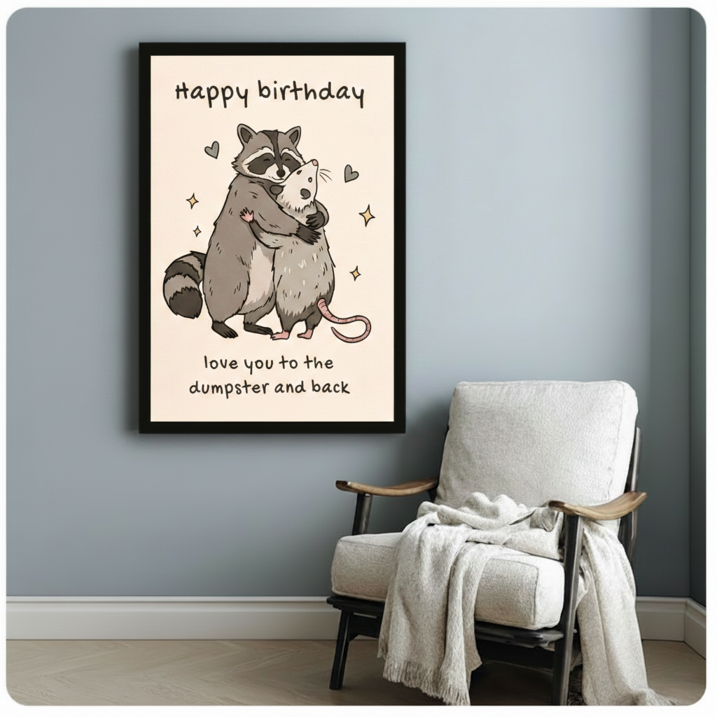 Black framed art print of a raccoon and opossum hugging with doodle hearts and stars, humorous birthday canvas wall art with love you to the dumpster and back quote on cream background, hung on a blue-gray wall beside a white linen armchair with a cream throw blanket