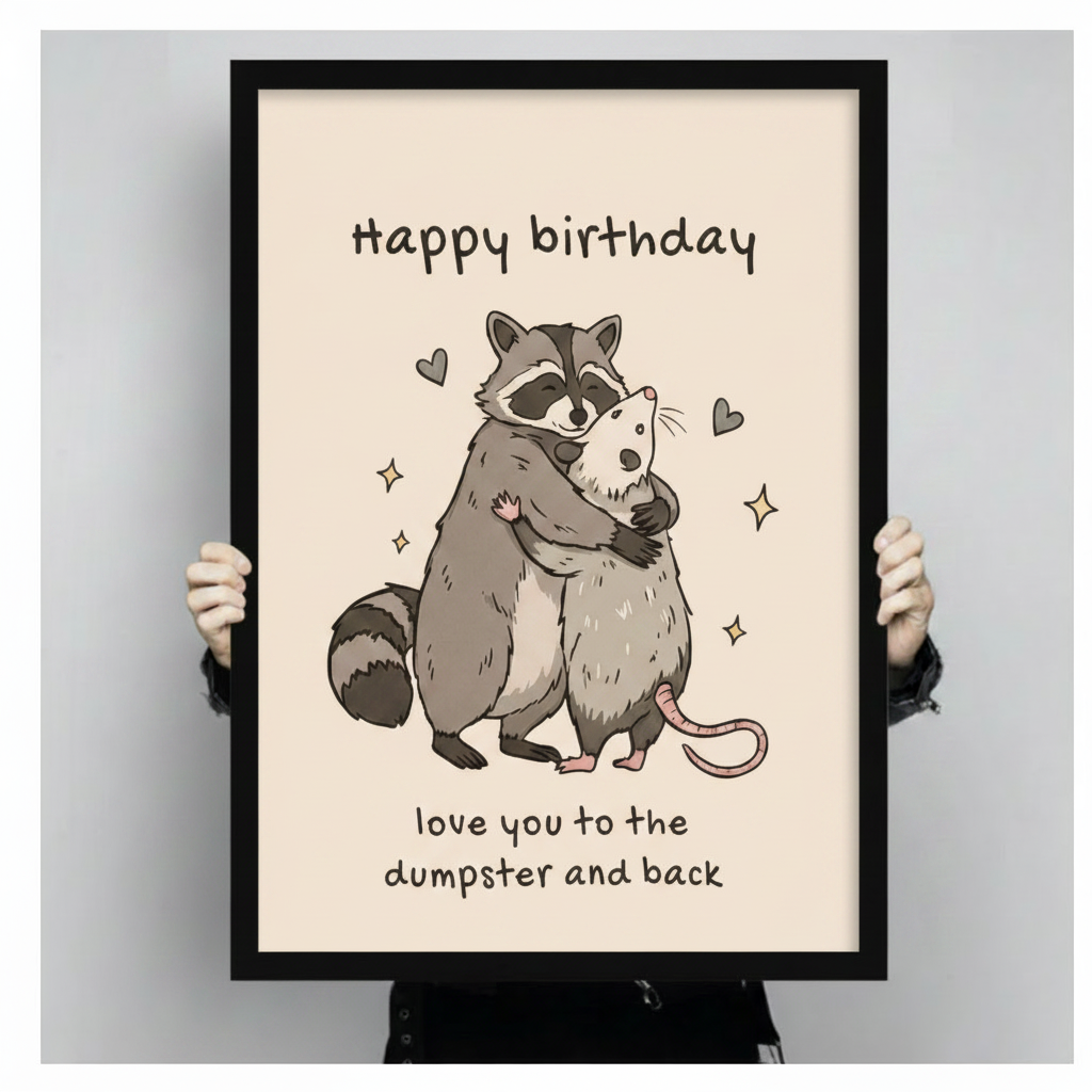 Hands holding a large black framed canvas print of a cartoon raccoon hugging an opossum with Happy Birthday lettering and sparkle details, funny animal birthday quote art on cream background against a light gray backdrop