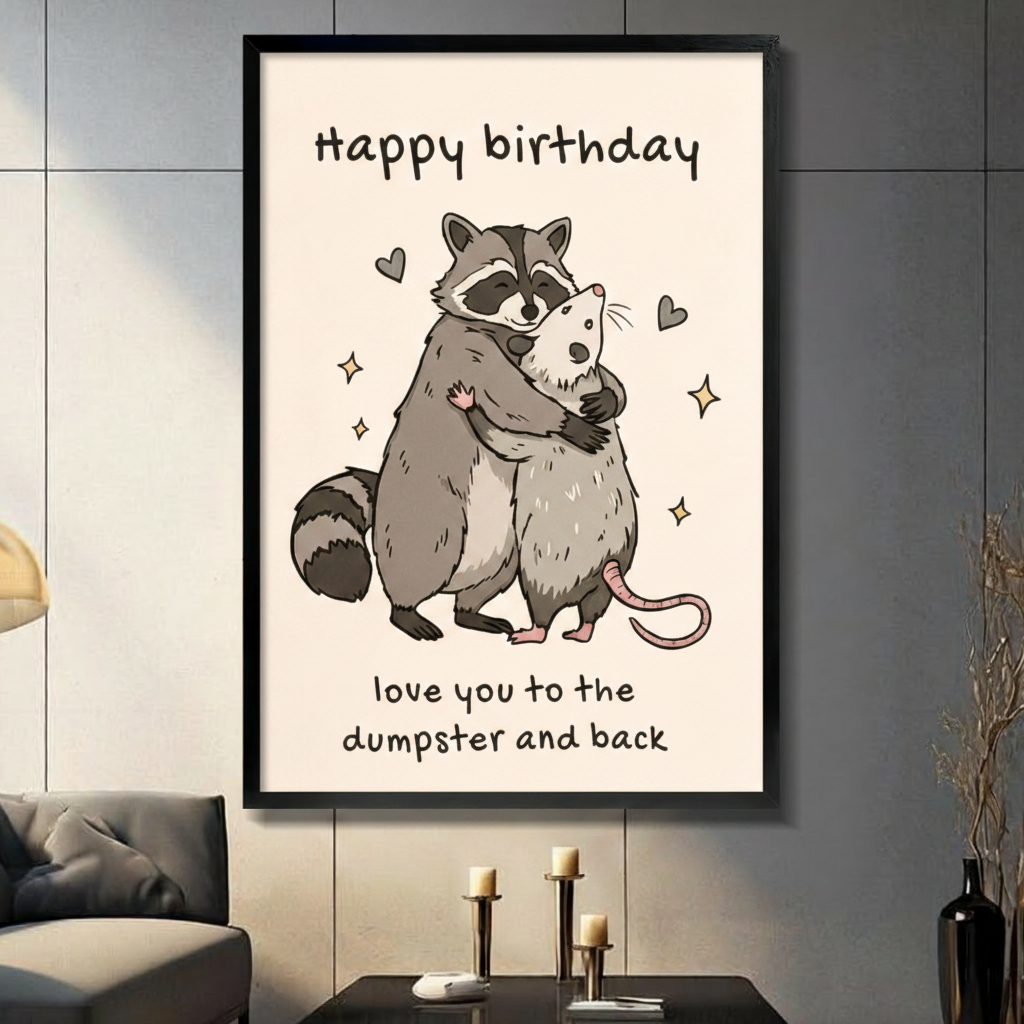 Black framed canvas wall art of a cartoon raccoon hugging an opossum with Happy Birthday text and love you to the dumpster and back quote, cute illustrated animal print on cream background, displayed above a dark console table with pillar candles and black vase against a gray paneled wall