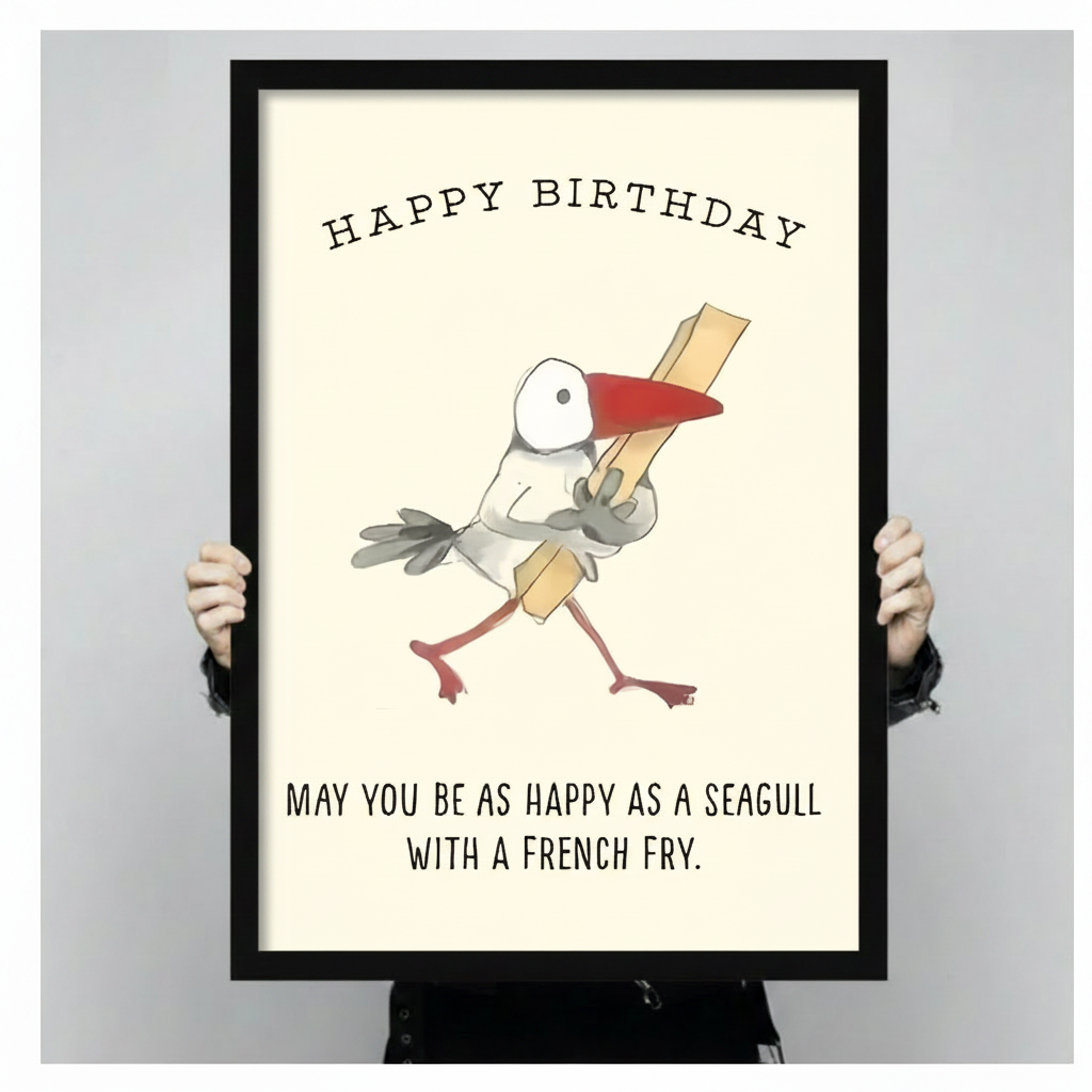 Hands holding a large black framed canvas print of a whimsical cartoon seagull clutching a french fry with Happy Birthday and seagull with a french fry quote in bold typewriter font, humorous illustrated bird birthday art on cream background against a light gray backdrop