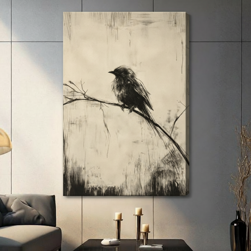 Gallery wrap stretched canvas of a lone ruffled black bird resting on a slender bare branch with a delicate trailing tail rendered in expressive charcoal sketch style on a distressed warm beige background with vertical texture marks vintage monochrome bird painting hung frameless on a gray tile wall above a dark sofa
