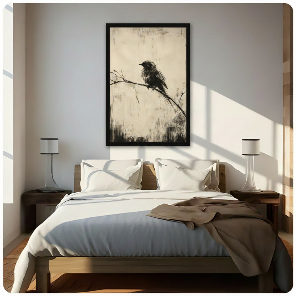 Black framed serene vintage charcoal bird painting of a solitary ruffled black bird on a slender bare branch with a long drooping tail above soft grass strokes on an aged cream parchment background with vertical scratch texture monochrome canvas wall art hung in bright diagonal sunlight above a dark wood bed with white linen bedding