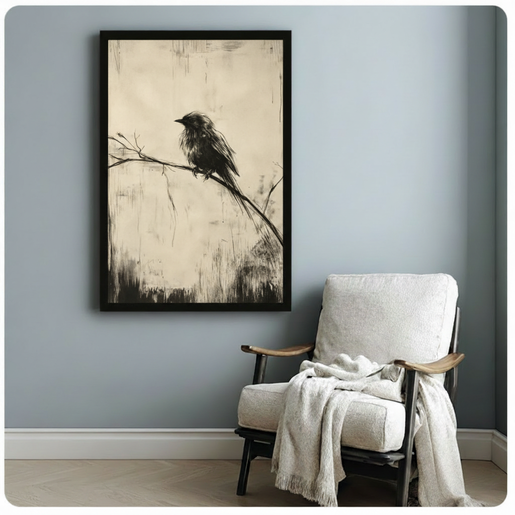 Black framed moody vintage charcoal bird painting featuring a solitary fluffy black bird on a bare angled branch with a long tail feather and soft grass brushstrokes at the base on an aged parchment cream background with scratch texture minimalist monochrome canvas print hung on a soft blue-gray wall beside a white linen folding chair with cream throw
