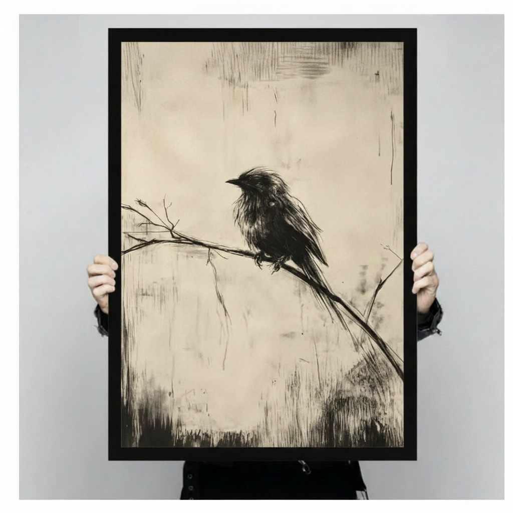 Two hands holding a large black framed vintage charcoal sketch of a lone fluffy black bird perched on a bare diagonal branch with a trailing tail feather and wispy grass marks on a distressed warm cream parchment background monochrome bird oil painting canvas art print, front-facing vertical product size display