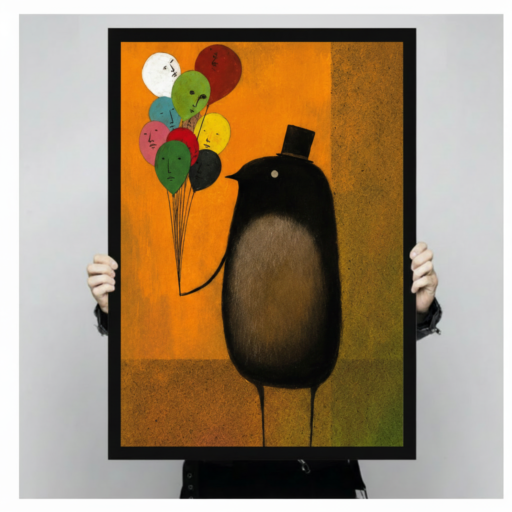 Framed canvas art print of plump black bird with top hat and colorful face balloons on warm amber background, held up showing full artwork detail and black frame