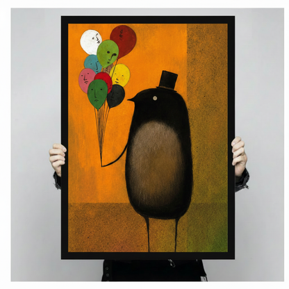 Framed canvas art print of plump black bird with top hat and colorful face balloons on warm amber background, held up showing full artwork detail and black frame
