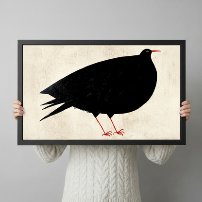 Person in white cable-knit sweater holding minimalist black bird with red legs framed art print showing size reference