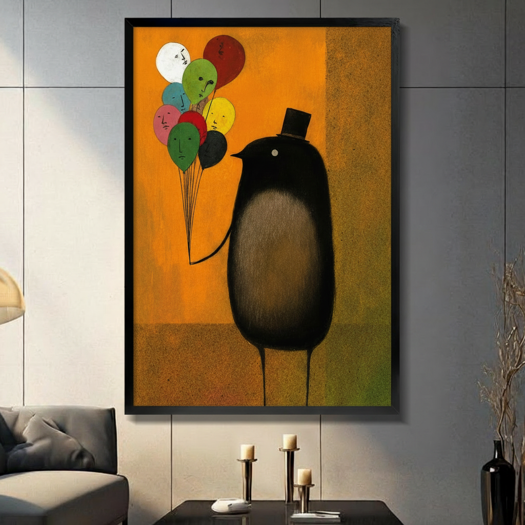 Surreal black bird wearing top hat holding colorful face balloons on orange background, framed canvas wall art in black frame hung on grey tile wall in modern living room