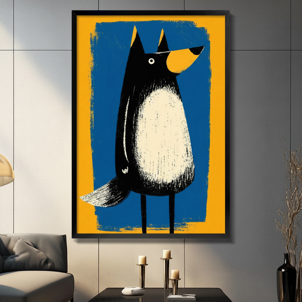 Black cartoon dog with yellow nose and fluffy white chest bold brush stroke canvas in black frame on dark grey panel wall – playful blue yellow dog illustration wall art for living room