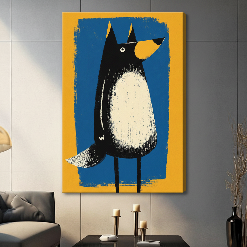 Frameless black cartoon dog with long legs and bushy tail bold brush illustration canvas on dark grey panel wall – vibrant blue yellow dog wall art for contemporary living room decor