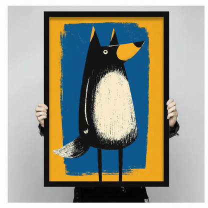Hands holding framed black cartoon dog yellow nose bold brush stroke illustration canvas – vibrant blue yellow playful dog wall art size reference display