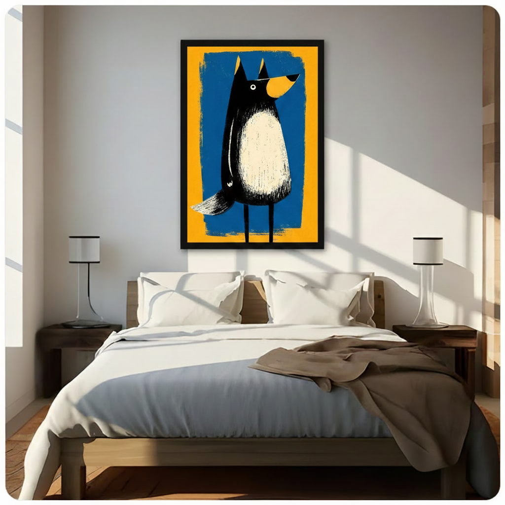 Framed black cartoon dog with long legs and bushy tail bold brush illustration above wooden bed in sunlit modern bedroom – playful blue yellow dog canvas wall art for bedroom decor