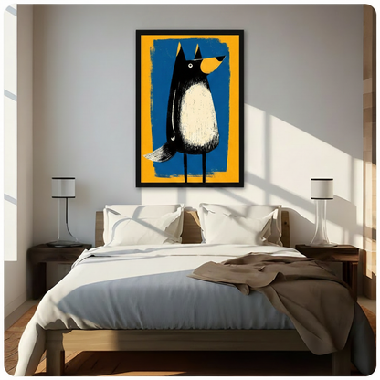 Framed black cartoon dog with long legs and bushy tail bold brush illustration above wooden bed in sunlit modern bedroom – playful blue yellow dog canvas wall art for bedroom decor