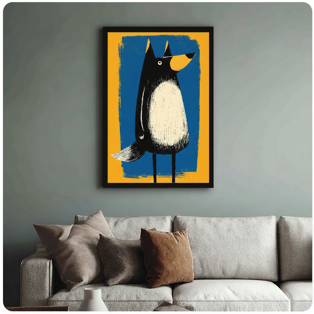 Framed black cartoon dog bold brush stroke illustration above cream textured sofa on sage grey wall – playful yellow blue dog canvas wall art for living room decor