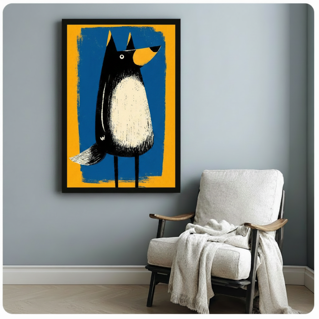Black cartoon dog with fluffy chest framed bold brush canvas beside wooden armchair with white throw on pale blue wall – quirky yellow blue dog illustration for reading nook or hallway
