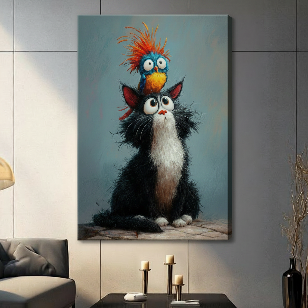 Black cat and colorful bird wall art in a black frame styled above a cozy armchair