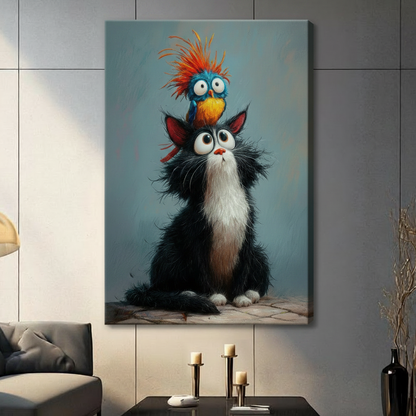 Black cat and colorful bird wall art in a black frame styled above a cozy armchair