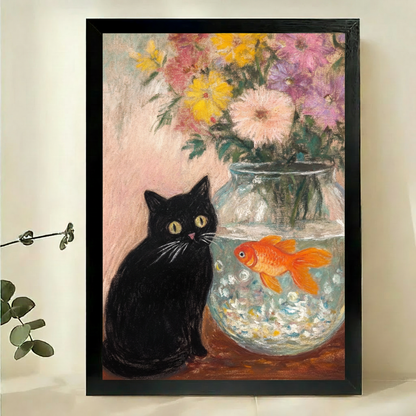 Black Cat and Goldfish Black Frame