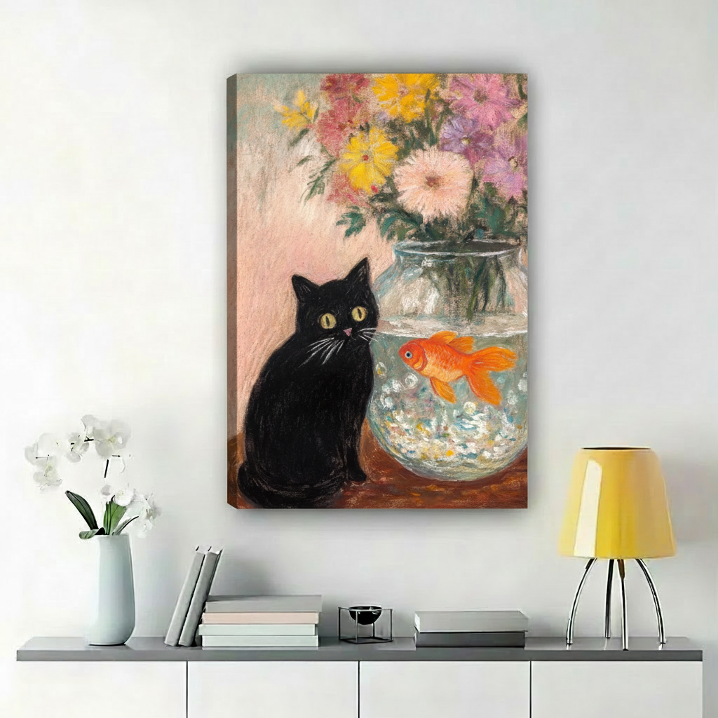 Black Cat and Goldfish Canvas Enhanced Lighting