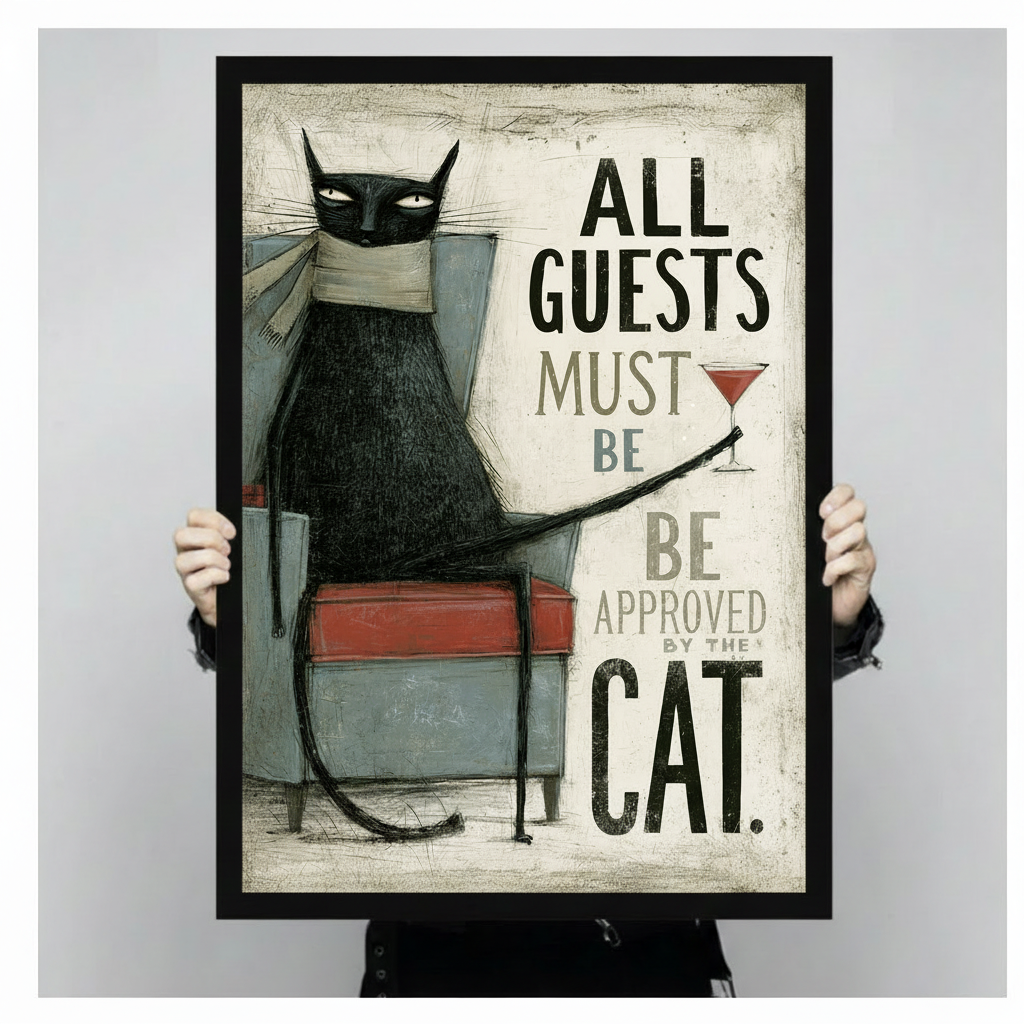 Close-up of black cat canvas print held by hands showing full artwork detail - humorous cat quote wall art for home and office