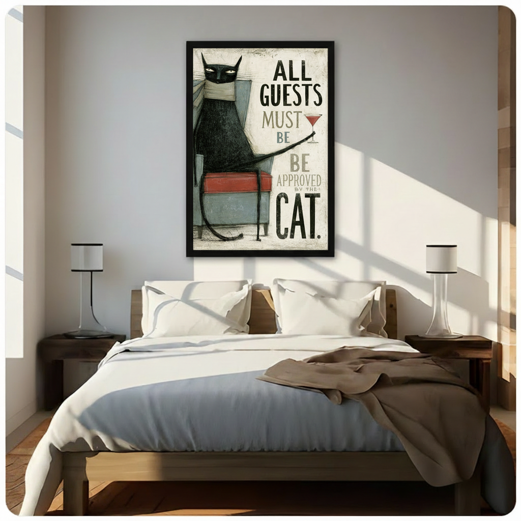 Black cat framed wall art displayed above bed in bright bedroom - funny cat quote print - perfect gift for cat lovers